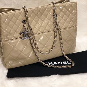 Chanel In The Business Beige Patent Leather Tote
